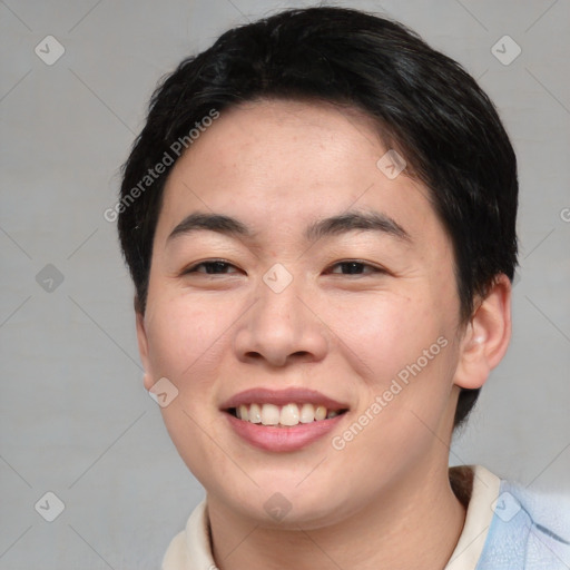 Joyful asian young-adult female with short  brown hair and brown eyes