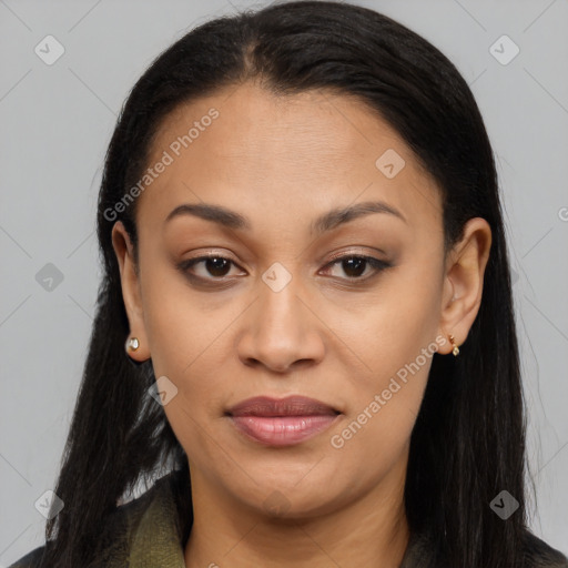 Joyful latino young-adult female with long  brown hair and brown eyes