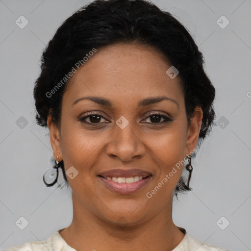 Joyful latino young-adult female with short  black hair and brown eyes