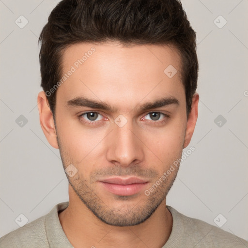 Neutral white young-adult male with short  brown hair and brown eyes