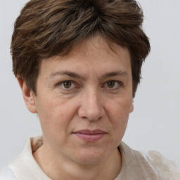 Joyful white adult female with short  brown hair and brown eyes