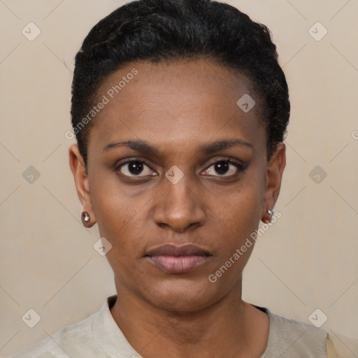 Neutral black young-adult female with short  black hair and brown eyes