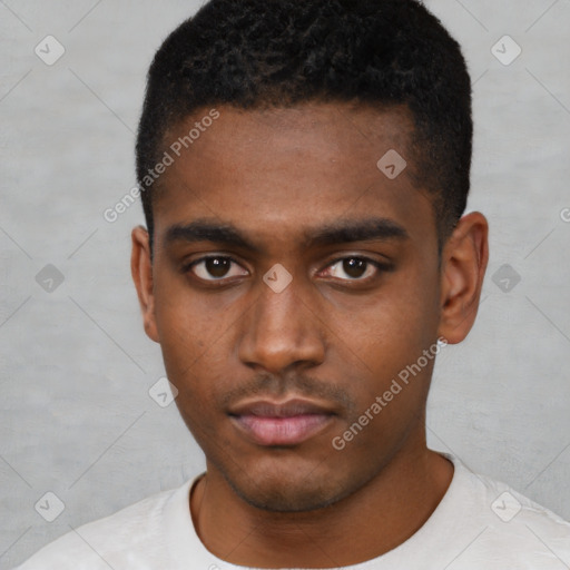 Neutral black young-adult male with short  black hair and brown eyes