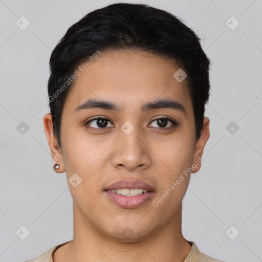 Joyful asian young-adult male with short  black hair and brown eyes