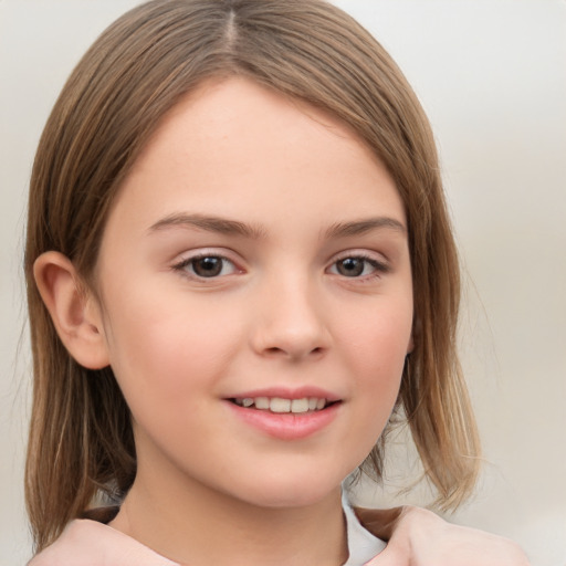 Joyful white child female with medium  brown hair and brown eyes