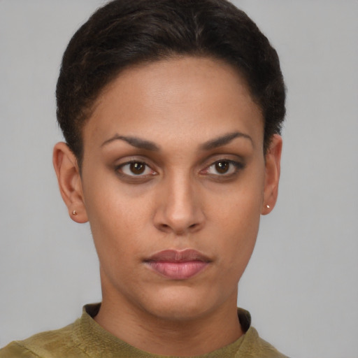 Neutral white young-adult female with short  brown hair and brown eyes