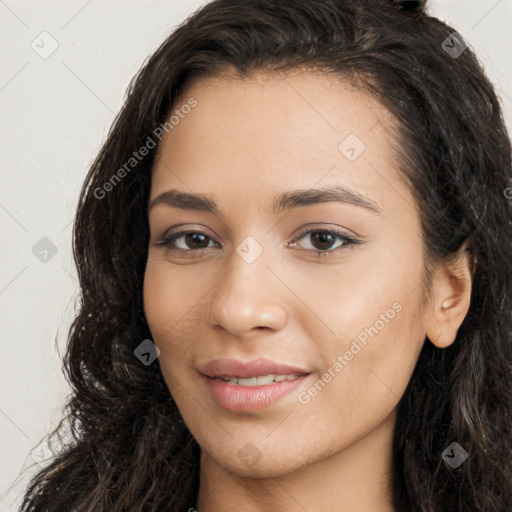 Joyful white young-adult female with long  black hair and brown eyes