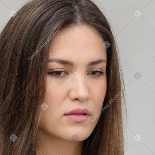 Neutral white young-adult female with long  brown hair and brown eyes