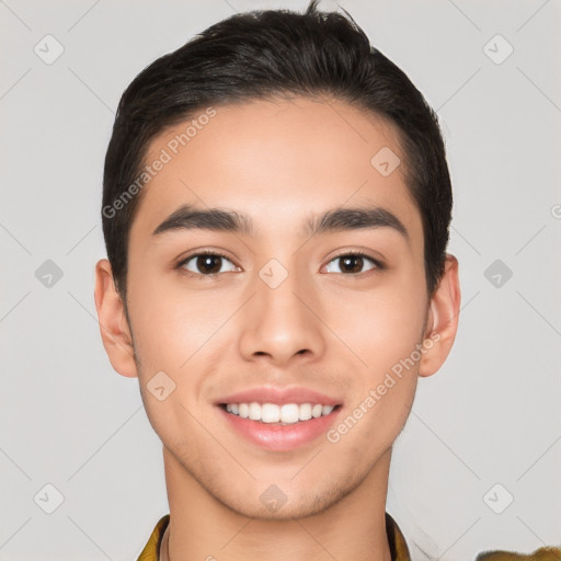 Joyful white young-adult male with short  brown hair and brown eyes