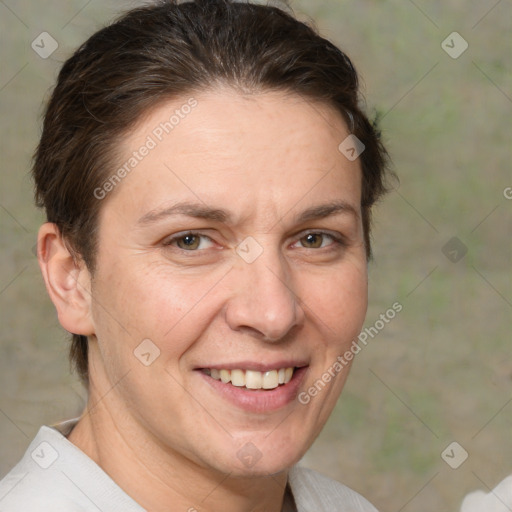 Joyful white adult female with medium  brown hair and brown eyes