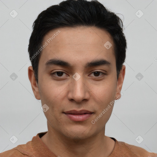 Joyful white young-adult male with short  black hair and brown eyes