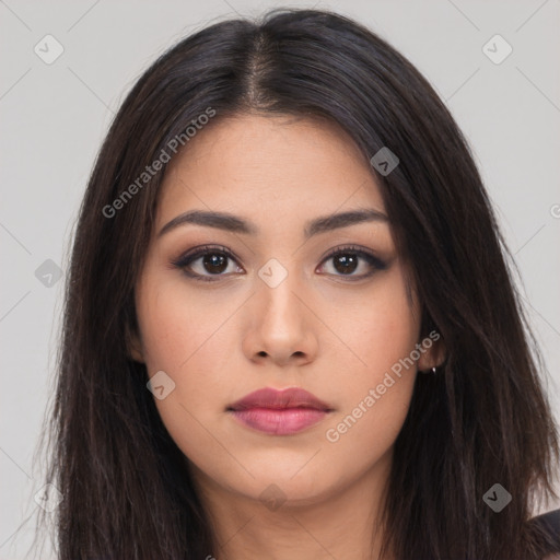 Neutral asian young-adult female with long  brown hair and brown eyes