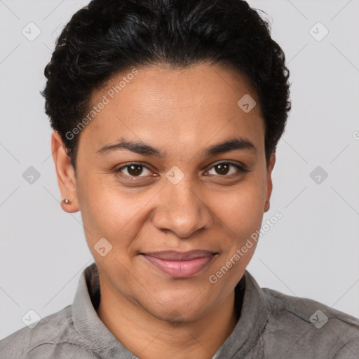 Joyful latino young-adult female with short  brown hair and brown eyes