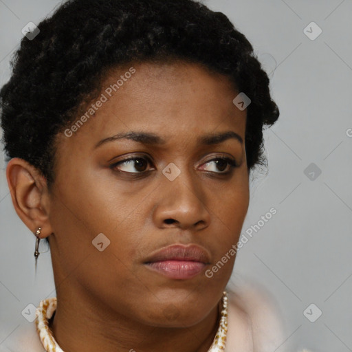 Neutral black young-adult female with short  brown hair and brown eyes