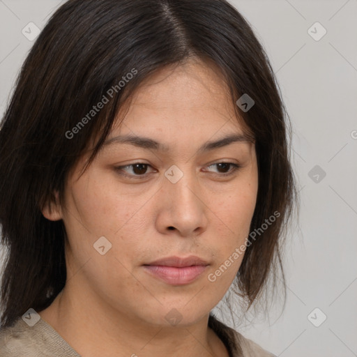 Neutral white young-adult female with medium  brown hair and brown eyes