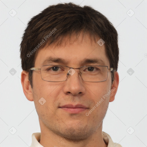 Neutral white adult male with short  brown hair and brown eyes