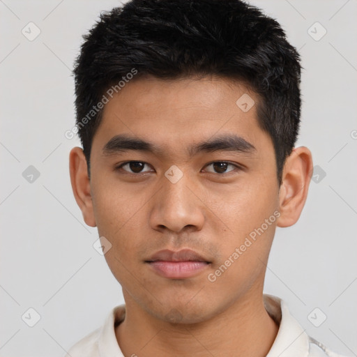 Neutral asian young-adult male with short  black hair and brown eyes