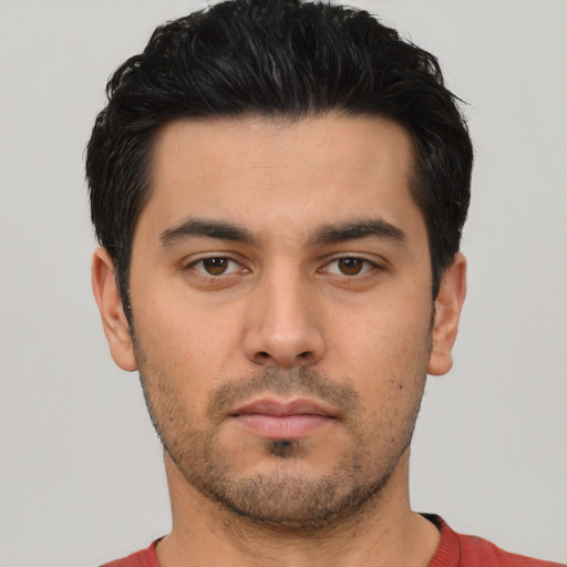 Neutral asian young-adult male with short  black hair and brown eyes