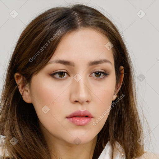 Neutral white young-adult female with long  brown hair and brown eyes