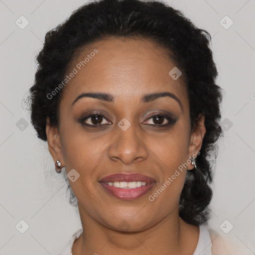 Joyful black young-adult female with medium  black hair and brown eyes