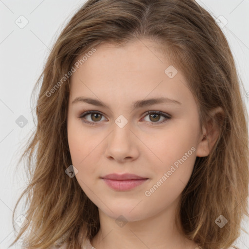 Neutral white young-adult female with long  brown hair and brown eyes