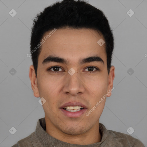 Neutral white young-adult male with short  black hair and brown eyes