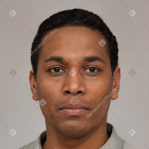 Neutral latino young-adult male with short  black hair and brown eyes