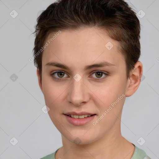 Joyful white young-adult female with short  brown hair and brown eyes