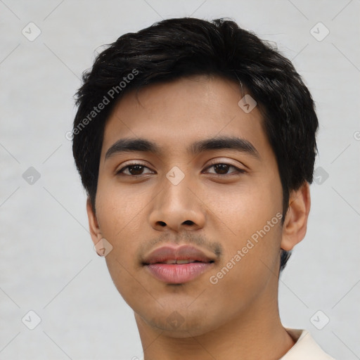 Neutral asian young-adult male with short  black hair and brown eyes