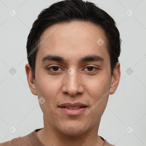 Joyful white young-adult male with short  black hair and brown eyes