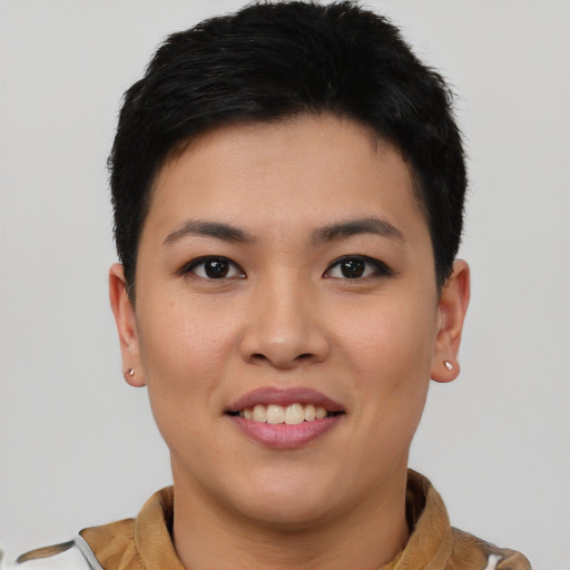 Joyful asian young-adult female with short  brown hair and brown eyes