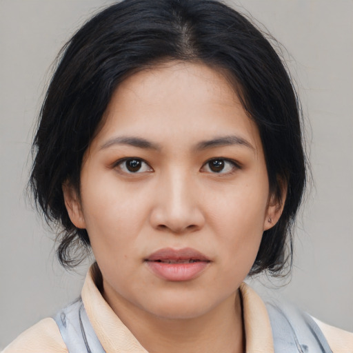 Joyful asian young-adult female with medium  black hair and brown eyes
