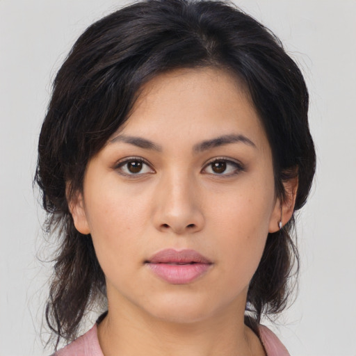 Neutral asian young-adult female with medium  brown hair and brown eyes