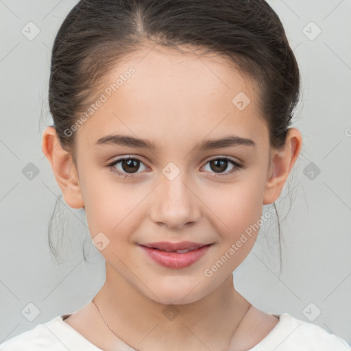 Joyful white child female with medium  brown hair and brown eyes