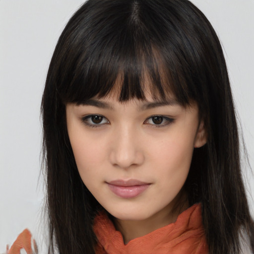 Neutral asian young-adult female with long  brown hair and brown eyes