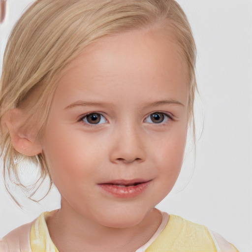 Joyful white child female with medium  blond hair and brown eyes