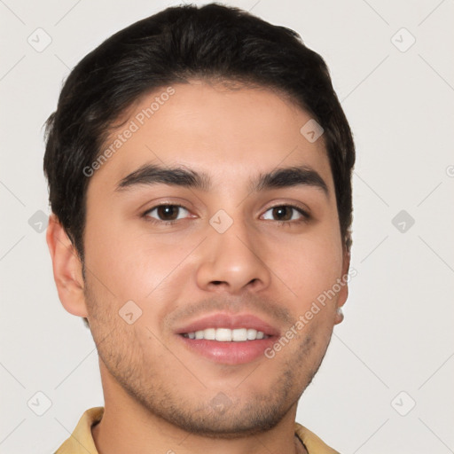 Joyful white young-adult male with short  brown hair and brown eyes