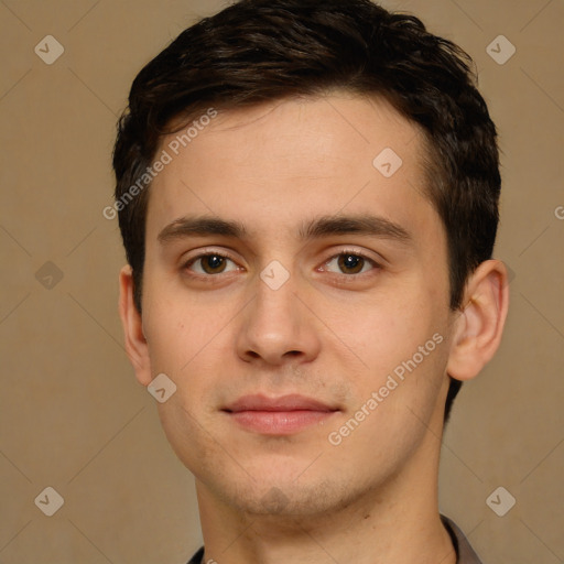 Neutral white young-adult male with short  brown hair and brown eyes