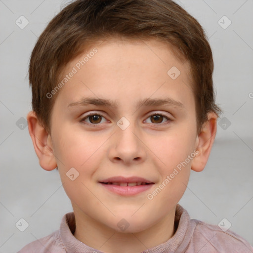 Joyful white child male with short  brown hair and brown eyes