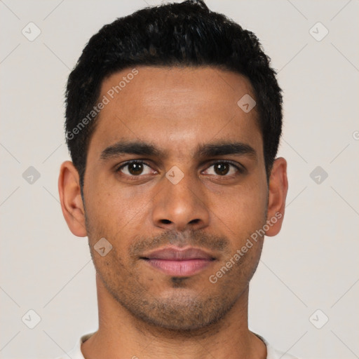 Neutral latino young-adult male with short  black hair and brown eyes