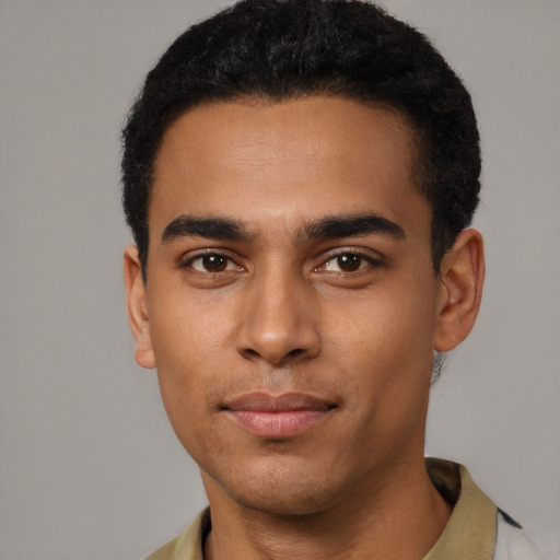 Neutral latino young-adult male with short  black hair and brown eyes
