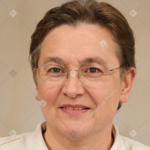 Joyful white middle-aged male with short  brown hair and brown eyes