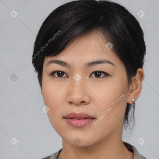 Neutral asian young-adult female with medium  black hair and brown eyes