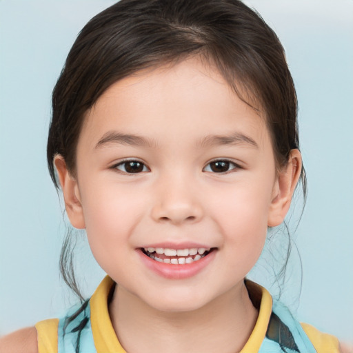 Joyful white child female with medium  brown hair and brown eyes