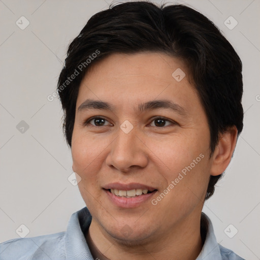 Joyful white adult female with short  brown hair and brown eyes