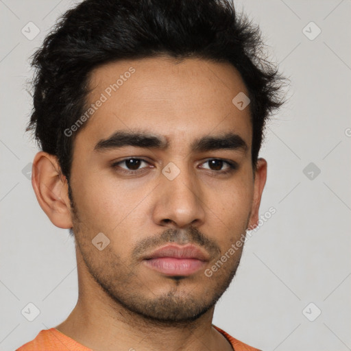 Neutral latino young-adult male with short  black hair and brown eyes