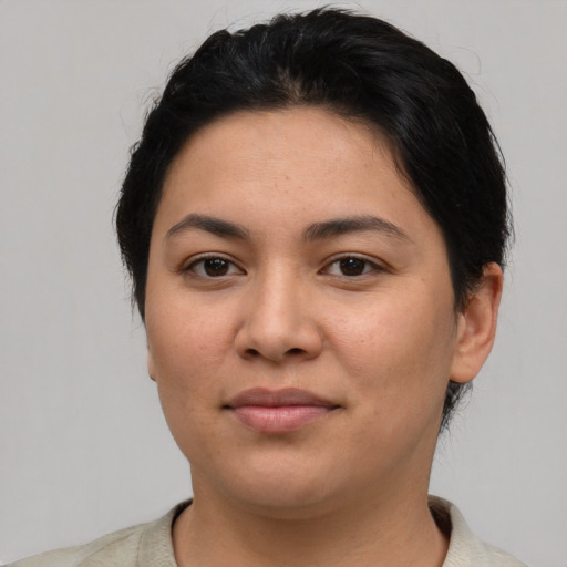 Joyful asian young-adult female with short  brown hair and brown eyes