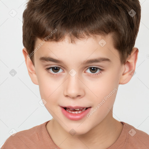 Joyful white child male with short  brown hair and brown eyes