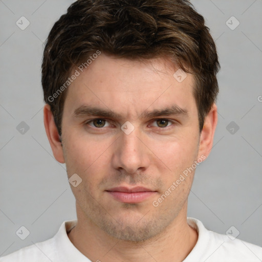 Neutral white young-adult male with short  brown hair and brown eyes