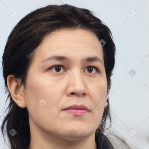 Neutral white young-adult female with medium  brown hair and brown eyes